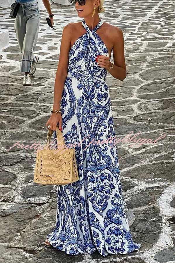 Greek Island Printed Cross Back Halter Flowy Maxi Dress