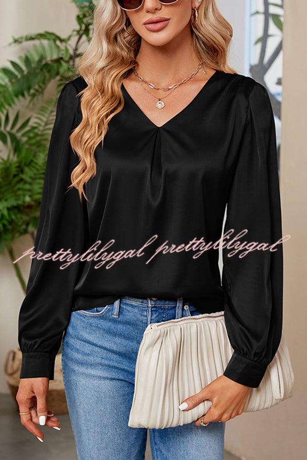 Satin Pleated V-neck Long-sleeved Loose Shirt