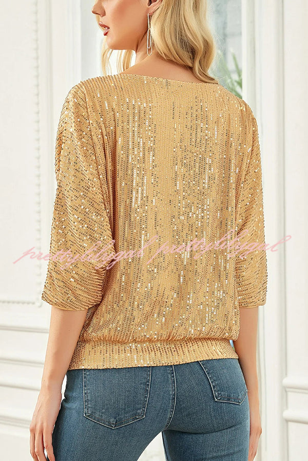 Solid Color Sequined Loose Round Neck Casual Top