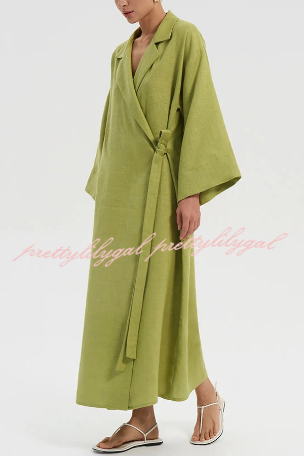 Linen Blend Solid Color Casual Lapel Tie Loose Maxi Dress