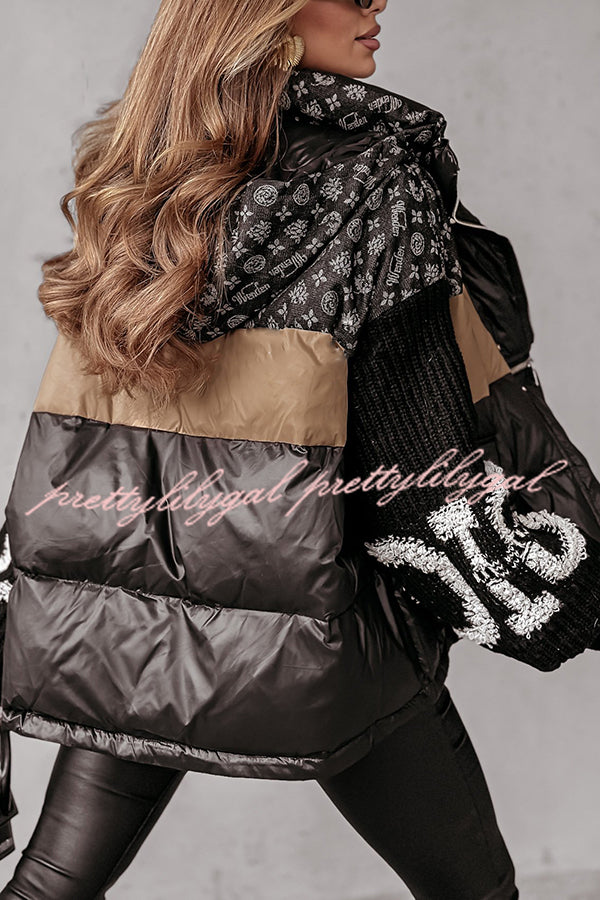 Stylish Denim Knit Long-sleeved Patchwork Hooded Pocket Thickened Jacket