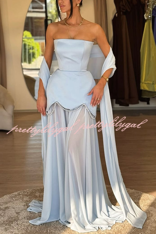 Jiya Satin Petal Hem Pearl Detail Chiffon Cape Strapless Maxi Dress