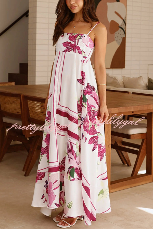 Botanical Print Halter Square Neck Pleated Loose Maxi Dress