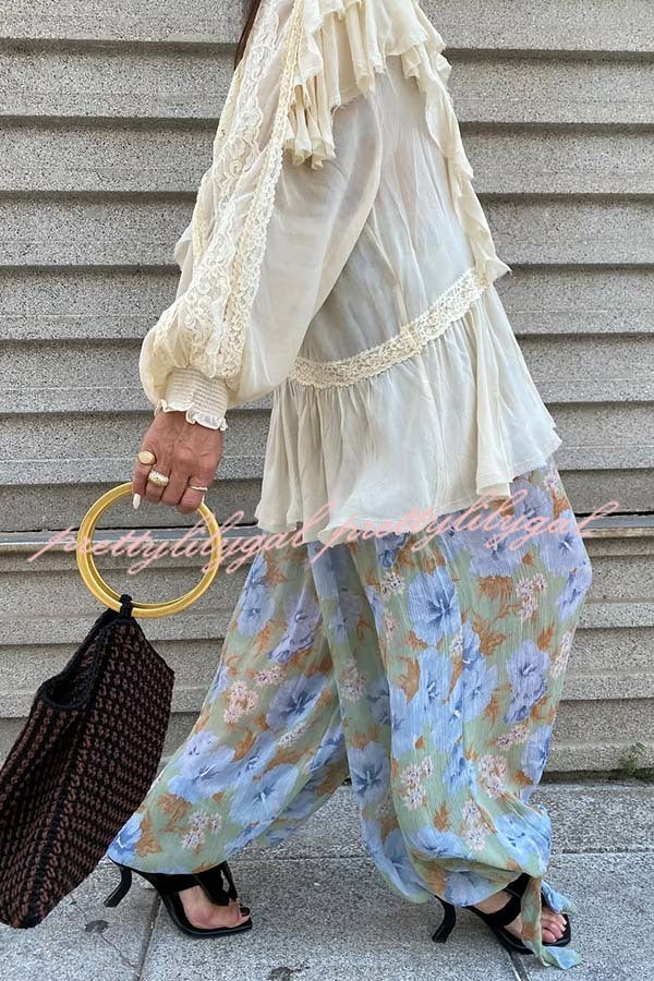 Autumn Boho Chiffon Floral Print Elastic Waist Tie-up Hem Balloon Pants