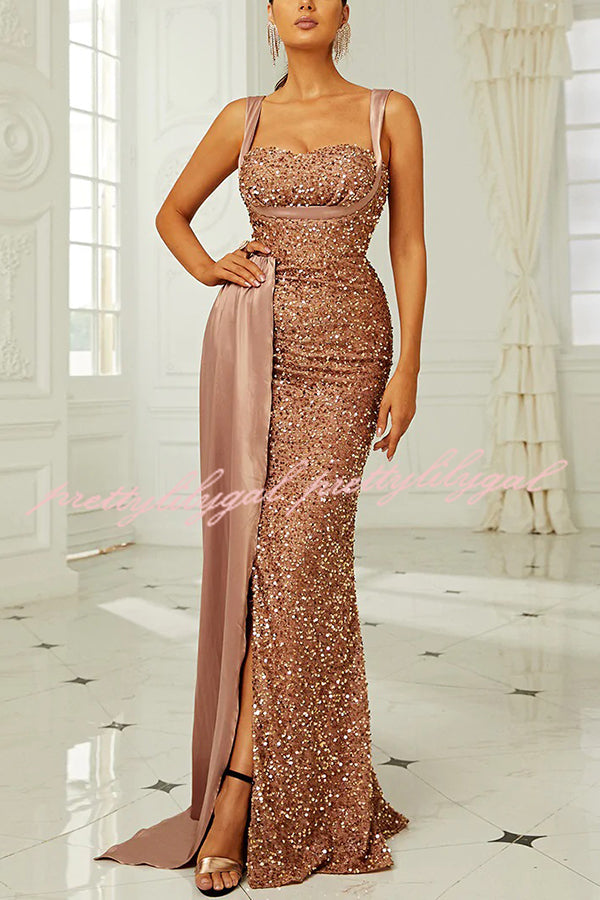 Banquet Sequined Backless Strappy Fishtail Maxi Dress