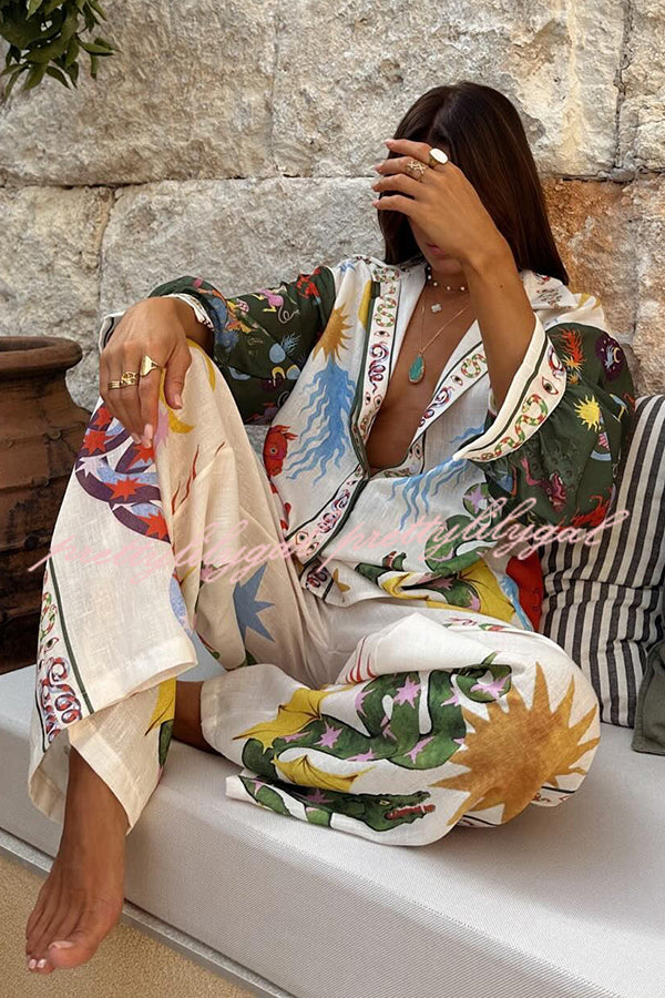 Bohemian Beauty Unique Print Long Sleeve Loose Shirt and Elastic Waist Pants Set