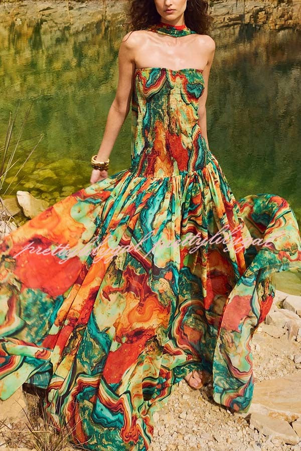 Vacay Vibes Colorful Lava Print Off Shoulder Smocked Scarf Maxi Dress
