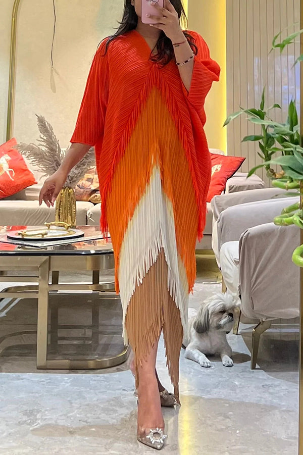 Fashionable Color-blocked Multi-layered Tassel Loose Midi Dress