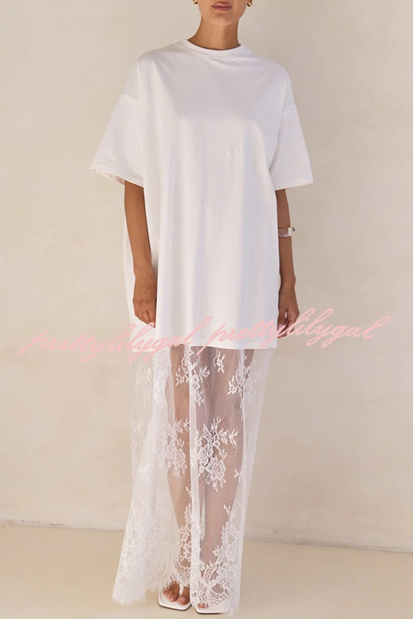 Ophelia Short Sleeve Sheer Floral Lace Hem Oversized T-shirt Maxi Dress