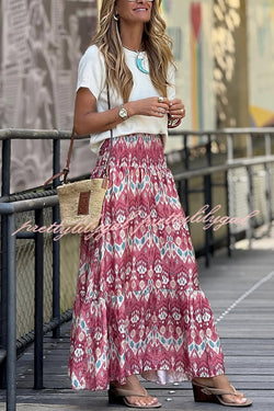 Resort Style Unique Print Pleated Elastic Waist Maxi Skirt