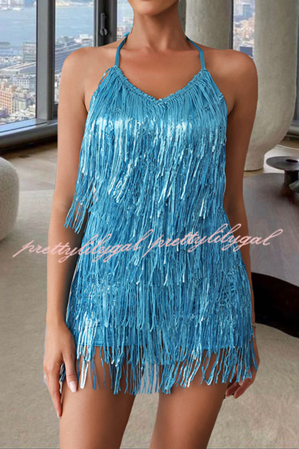 Shiny Sexy Halterneck Backless Lace-up Fringed Sequin Rompers