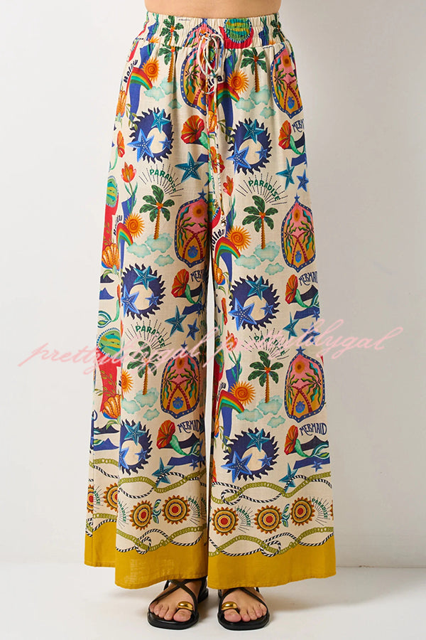 Linen Blend Unique Print Loose Short Sleeve Shirt and Elastic Waist Tie Pocket Pants Set