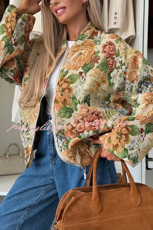 Floral Print Loose Long-sleeved Zip-up Jacket