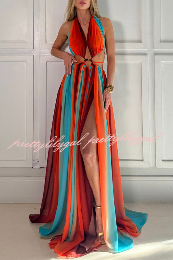 Variety of Styles Tulle Printed Ring Hollow Design Slit Vacation Maxi Dress