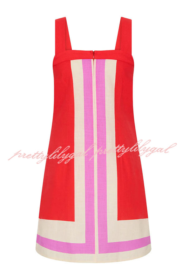 Mika Linen Blend Contrast Color Lines Square Neck Loose Mini Dress