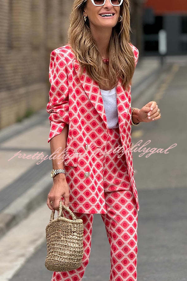 Chic Lady Unique Print Metal Button Pocketed Lapel Blazer and Elastic Waist Flare Pants Set