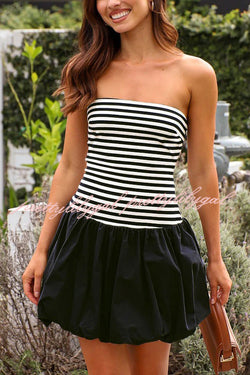 Stripe Print Paneled Pleated Tube Top Mini Dress