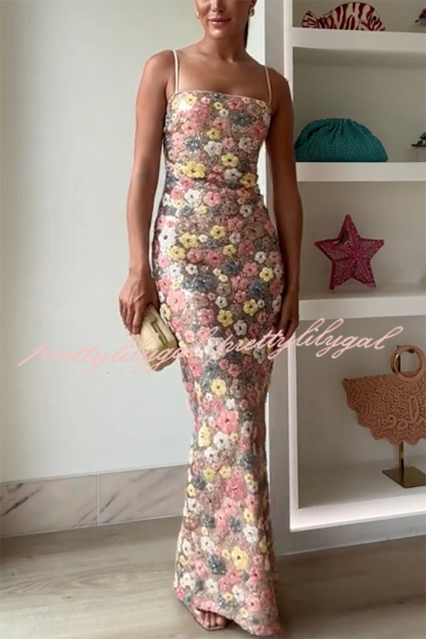 80's Inspired Floral Print Sequin Square Neck Slip Stretch Maxi Dress