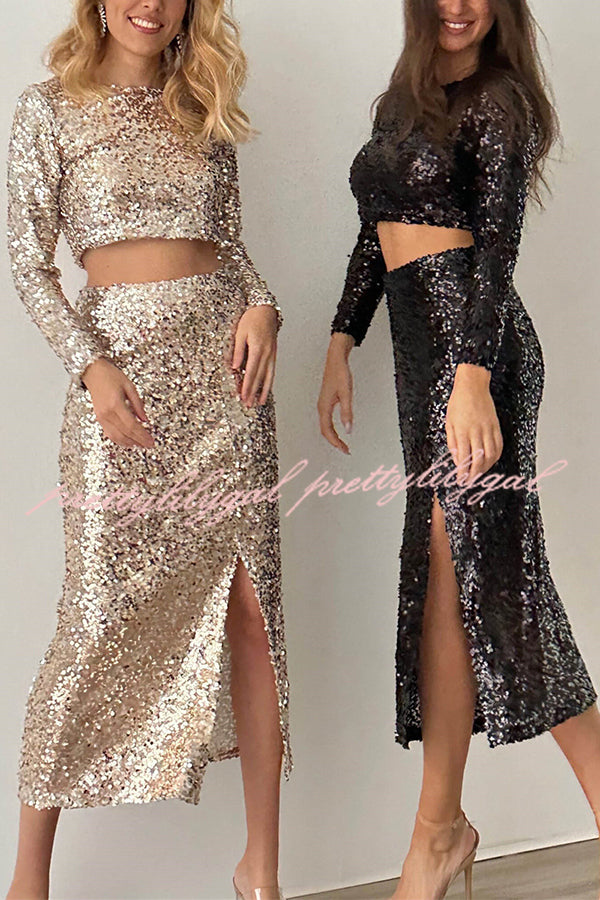 Solid Sequined Long-sleeved Crop Top and Sexy Slit Midi Skirt Set