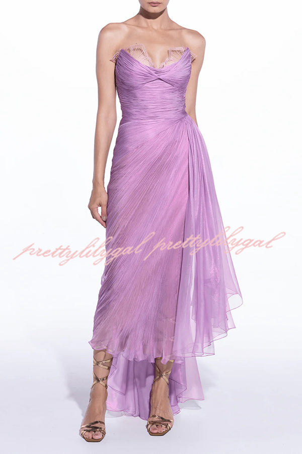 Julie Tulle Lace Trim Off Shoulder Ruched Back Lace-up Drape Slit Maxi Dress