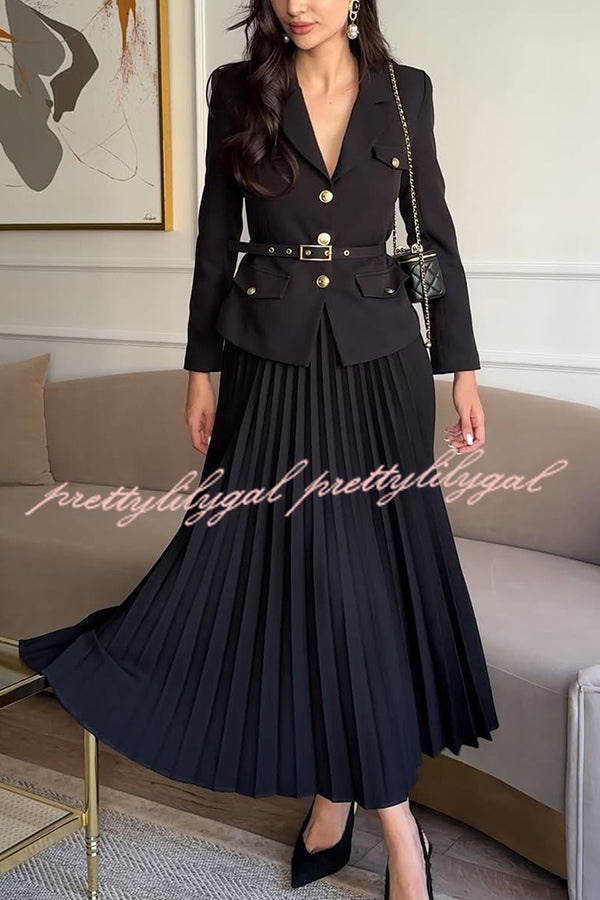 Solid Color Lapel Button Belt Blazer and Pleated Casual Maxi Skirt Set