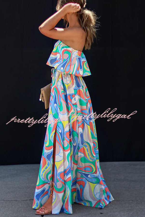 Like Fine Art Printed Strapless Elastic Waist Maxi Dress