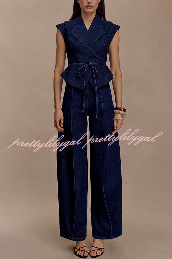 Charley Denim Button Up Cap Short Sleeve Structured Tie-up Lapel Top