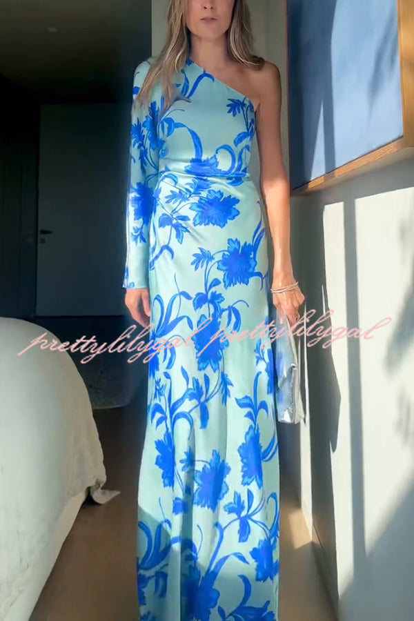 Satin Botanical Print One-Sleeve Resort Maxi Dress