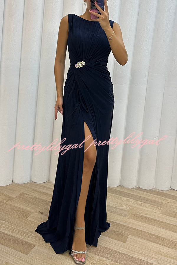 Pretty Special Pleated Embellished Slit Evening Maxi Dress