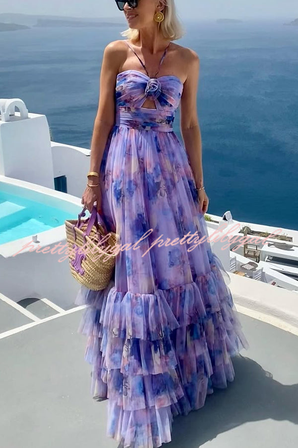 Dreamy Clouds Tulle Printed Rose Detail Cutout Ruffles Tiered Halter Maxi Dress