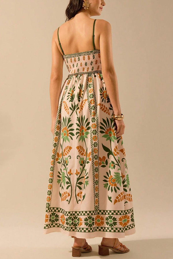 Unique Printed Sling Back Pleated Loose Holiday Maxi Dress