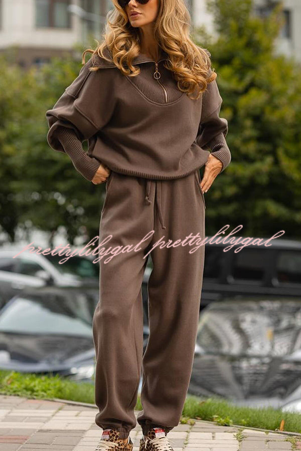 Solid Color Long-sleeved Zip-up Sweatshirt and Elastic Waist Loose Pocket Pants Set