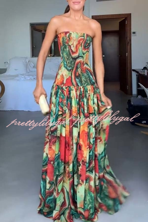 Vacay Vibes Colorful Lava Print Off Shoulder Smocked Scarf Maxi Dress