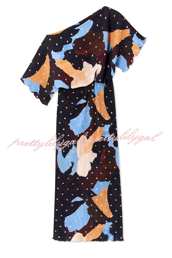 Mara Pleated Fabric Metallic Speckled Color Block Print One Shoulder Maxi Dress