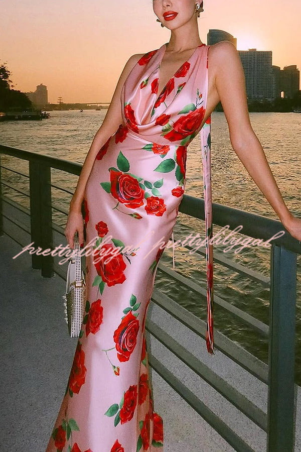 Rose Print Sexy Halter Neck Strappy Backless Slim Fit Maxi Dress