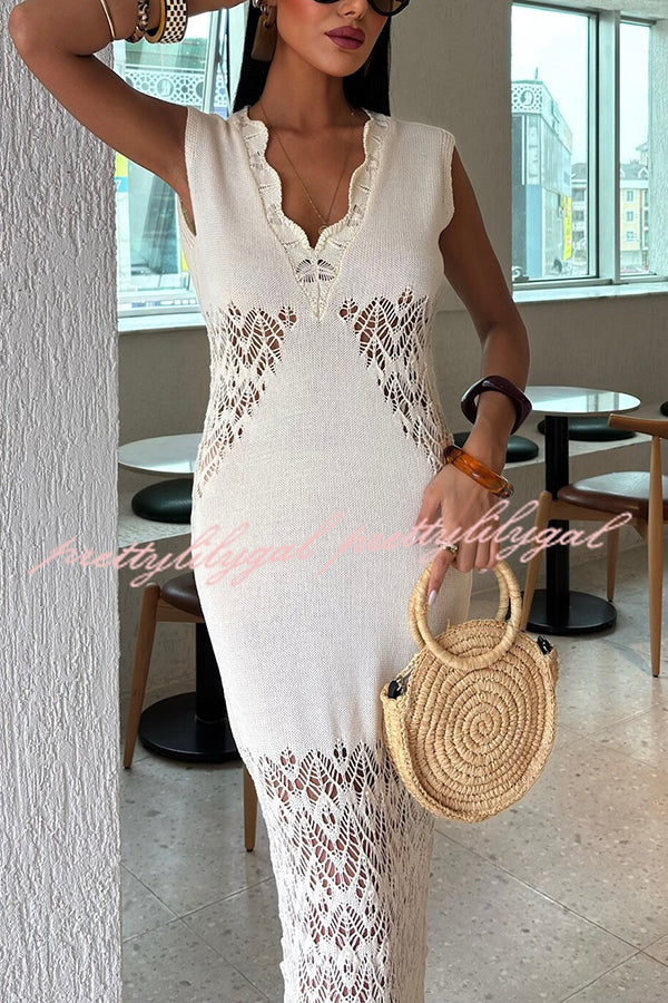 Solid Color Hollow Knitted V-neck Slim Fishtail Maxi Dress