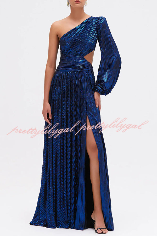 Dazzling Night Metallic Pleated One Shoulder Cutout Balloon Sleeve Gown Maxi Dress