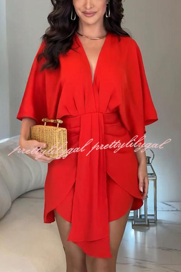 Solid Color V-Neck Half Sleeve Casual Irregular Mini Dress