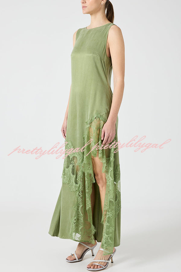 Pretty Soul Satin Lace Trim Wide Neck Irregular Hem Slit Maxi Dress