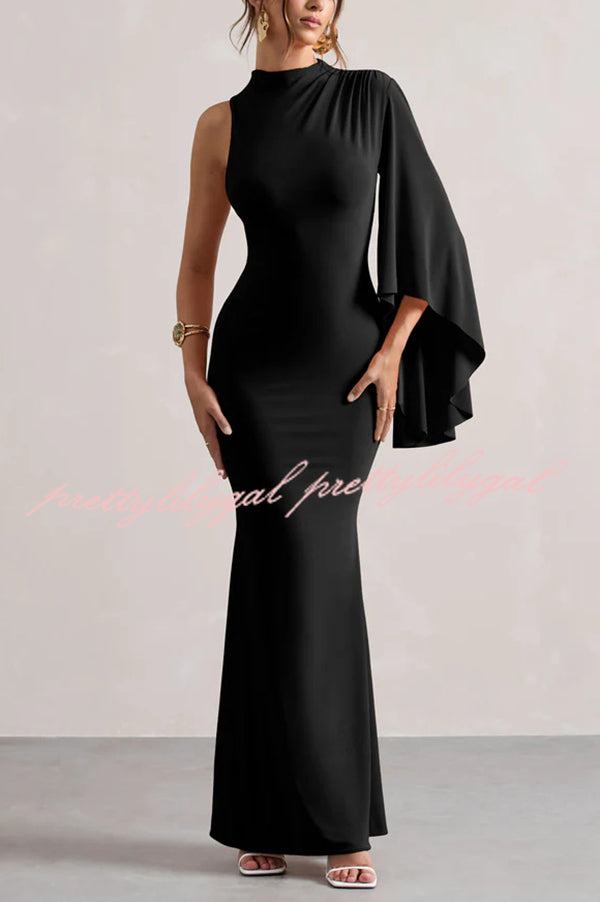 Ready When You Are High Neck One Ruffle Sleeve Maxi Dress