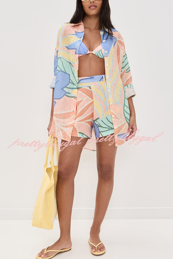 Bella Linen Blend Colorful Unique Print Long Sleeve Blouse and Elastic Waist Pocket Loose Shorts Set