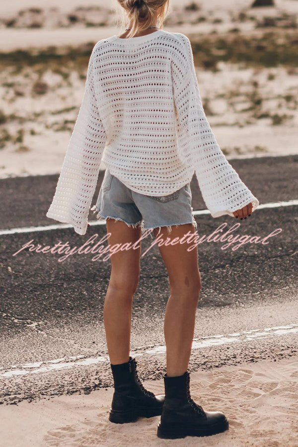 Living Easy Knit Bell Sleeve Hollow Out Relaxed Top