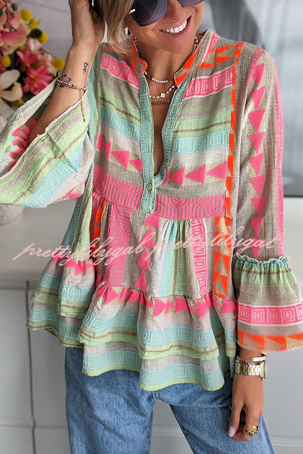 Phylis Linen Blend Colorful Ethnic Print Bell Sleeve Babydoll Blouse