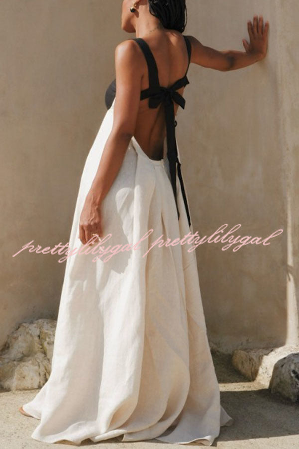 Jordina Linen Blend Colorblock Cups Backless Tie-up Loose Maxi Dress
