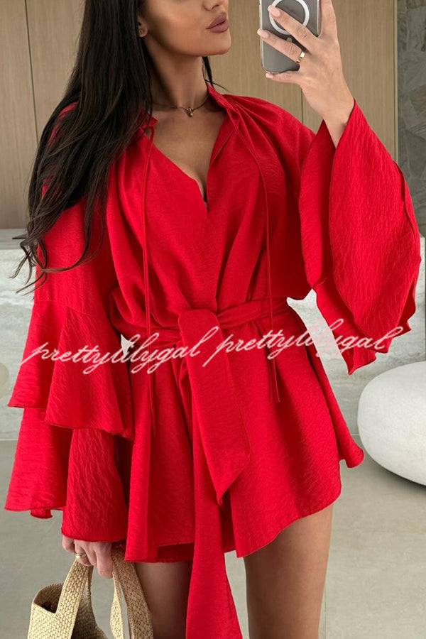 Solid Color V-neck Ruffled Long Sleeve Waist Tie Mini Dress