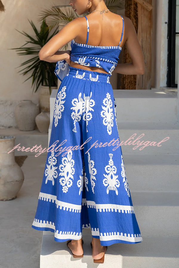 Unique Ethnic Print Suspender Pleated Top and Elastic Waist Loose Wide-leg Pants Set