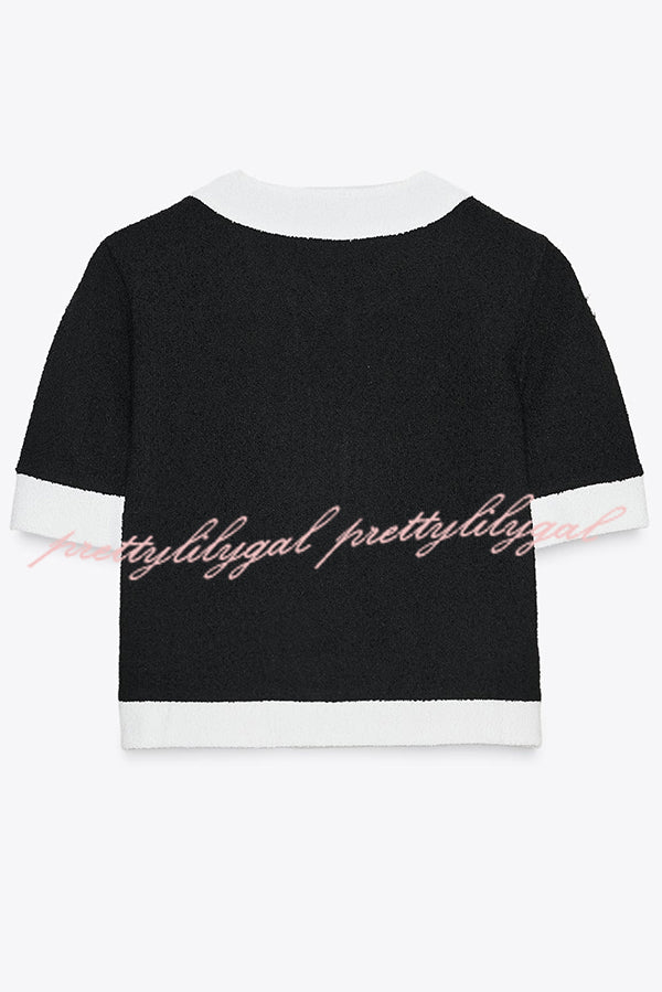 Fashionable Contrast Color Short-sleeved Button-down Top