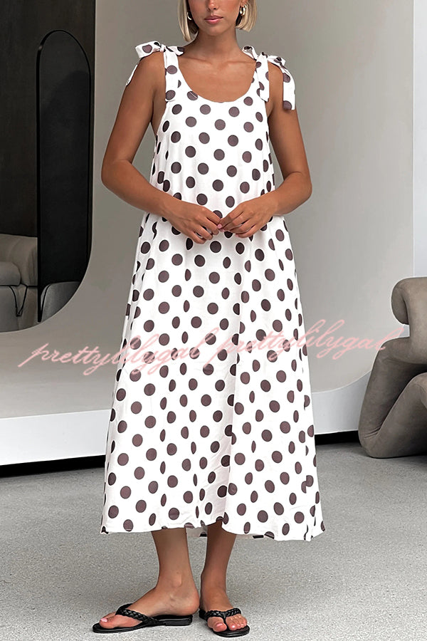 Polka Dot Print Suspenders Strappy Backless Loose Pocket Midi Dress