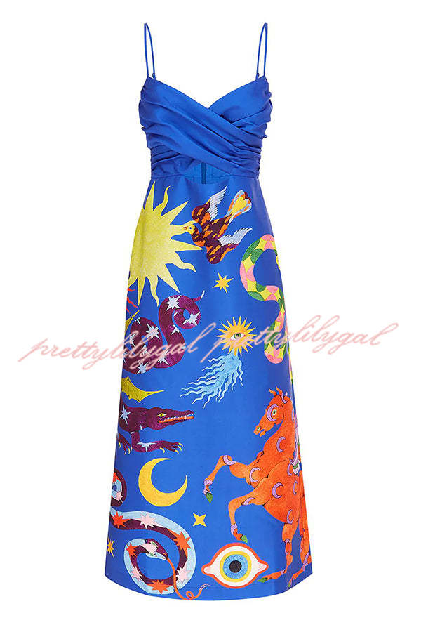 Main Stage Unique Printed Ruched Cross Over Detail Strap Midi Dress