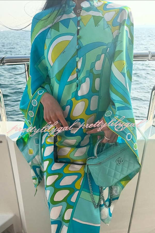 Narah Satin Unique Print  Stand Neck Buttons  Butterfly Sleeves Kaftan Maxi Dress